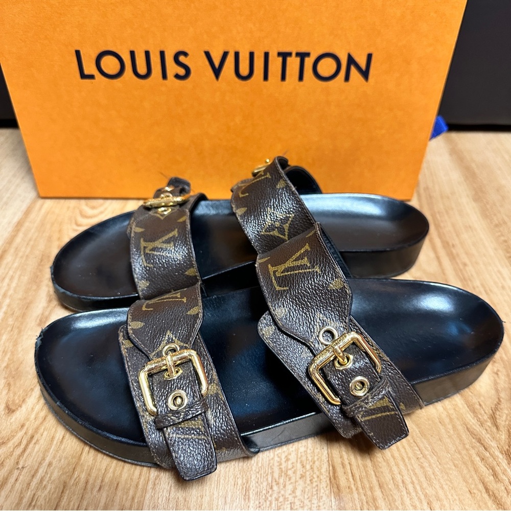 LOUIS VUITTON BOM DIA FLAT SLIDES SLIP ON MONOGRAM BIRKENSTOCK BROWN GOLD